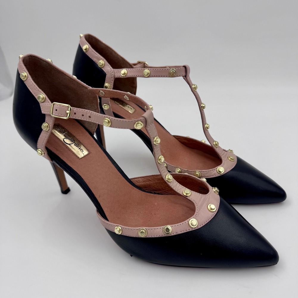 EUC Halogen Women Black Pink Studded T-Strap Pointed Toe Stiletto Pumps |โ 10.5M